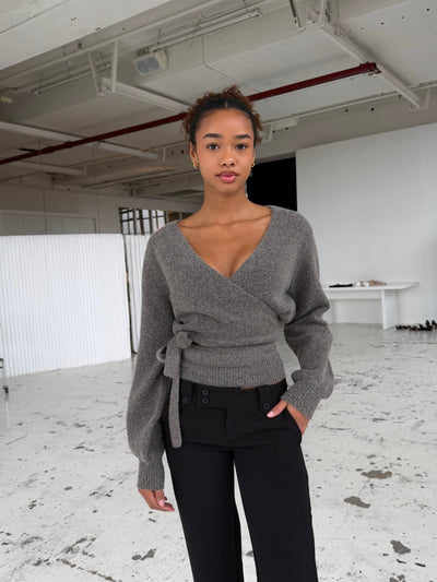 Wool blend wrap cardigan - Lys grå/brun