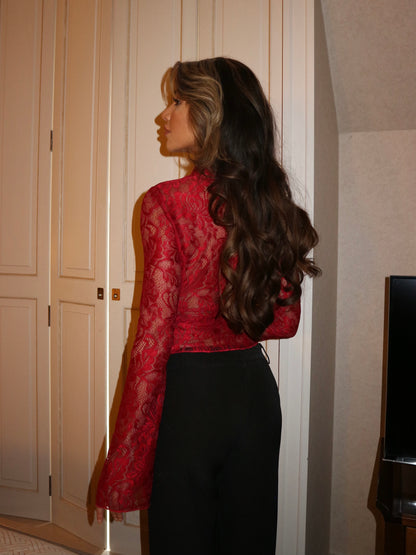 Trim lace top  - mørkerød