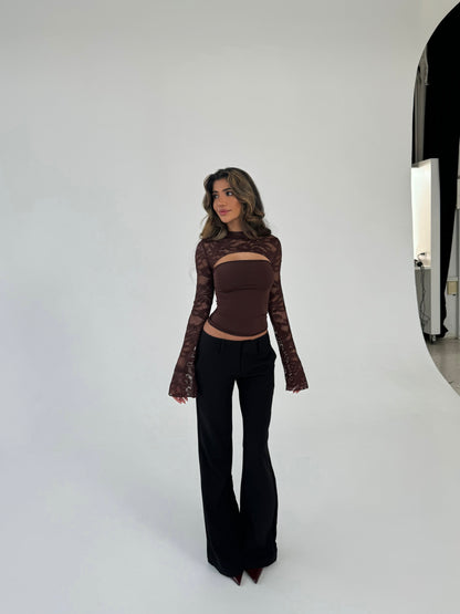 Lara lace long sleeve top - mørk brun