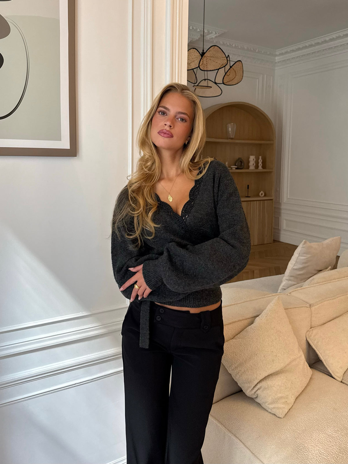 Wool Crochet Wrap Cardigan – Mørkegrå