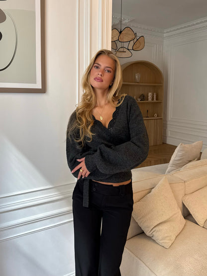 Wool Crochet Wrap Cardigan – Mørkegrå