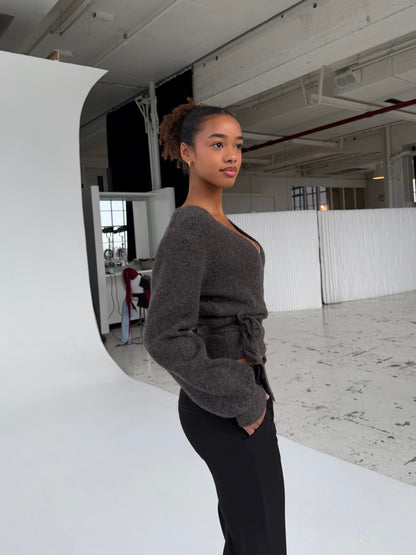 Wool blend wrap cardigan - mørk grå/brun (forudbestilling)