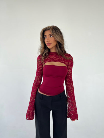 Lara lace long sleeve top - mørkerød
