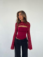 Lara lace long sleeve top - mørkerød