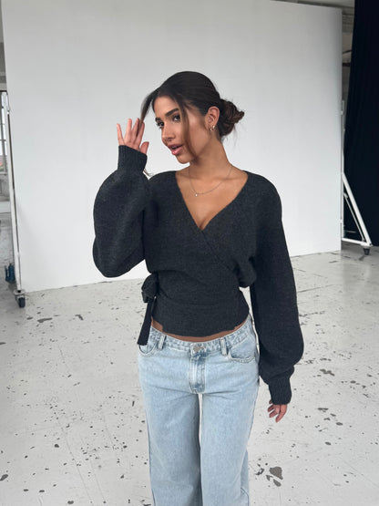 Wool blend wrap cardigan - mørk grå