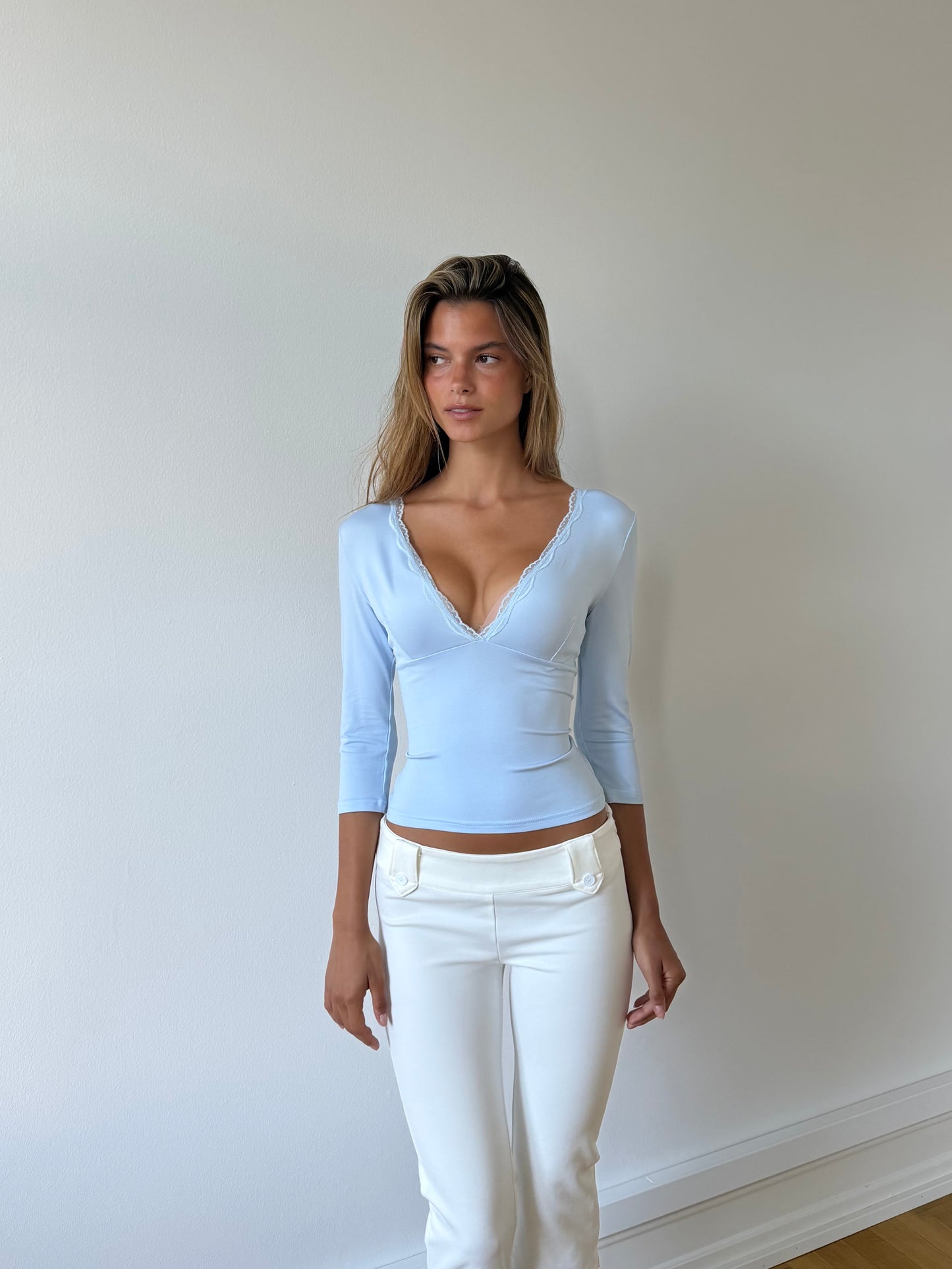 Quarter sleeve lace top - lys blå