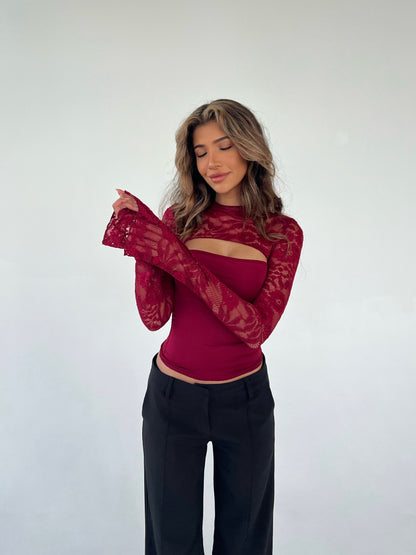 Lara lace long sleeve top - mørkerød
