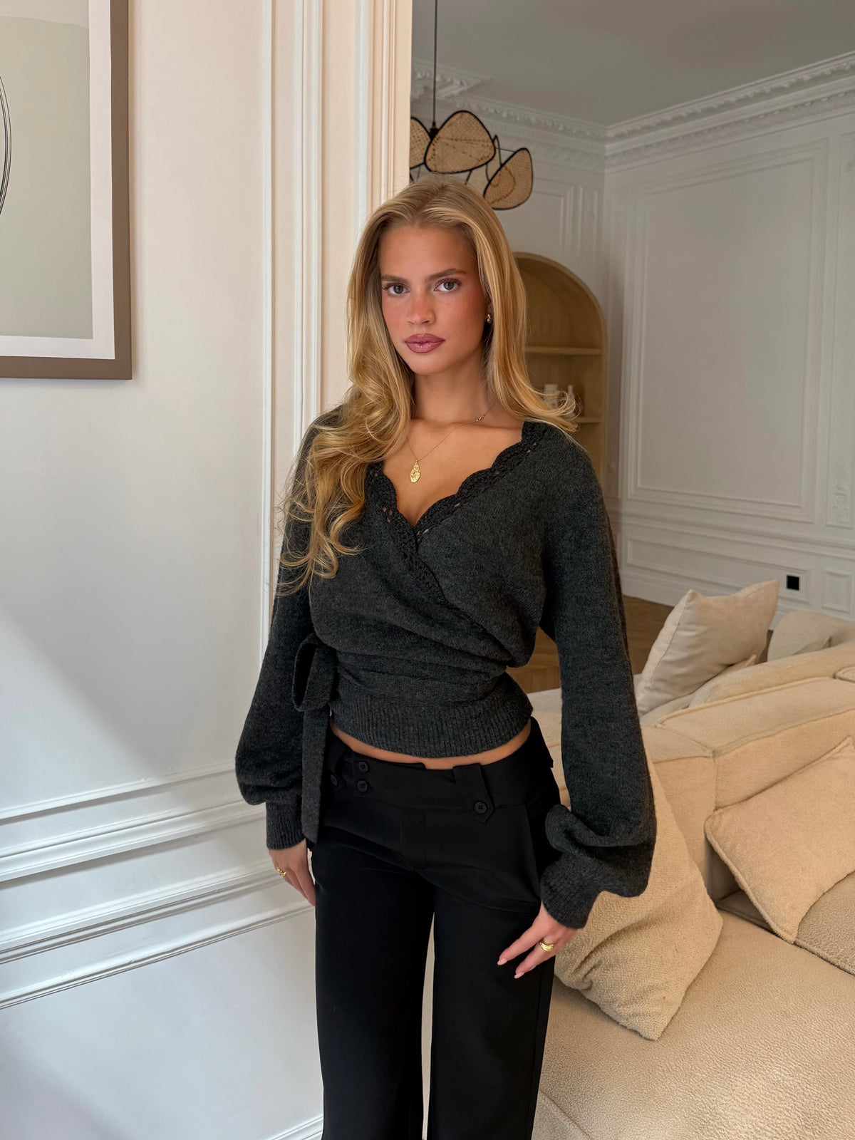Wool Crochet Wrap Cardigan – Mørkegrå