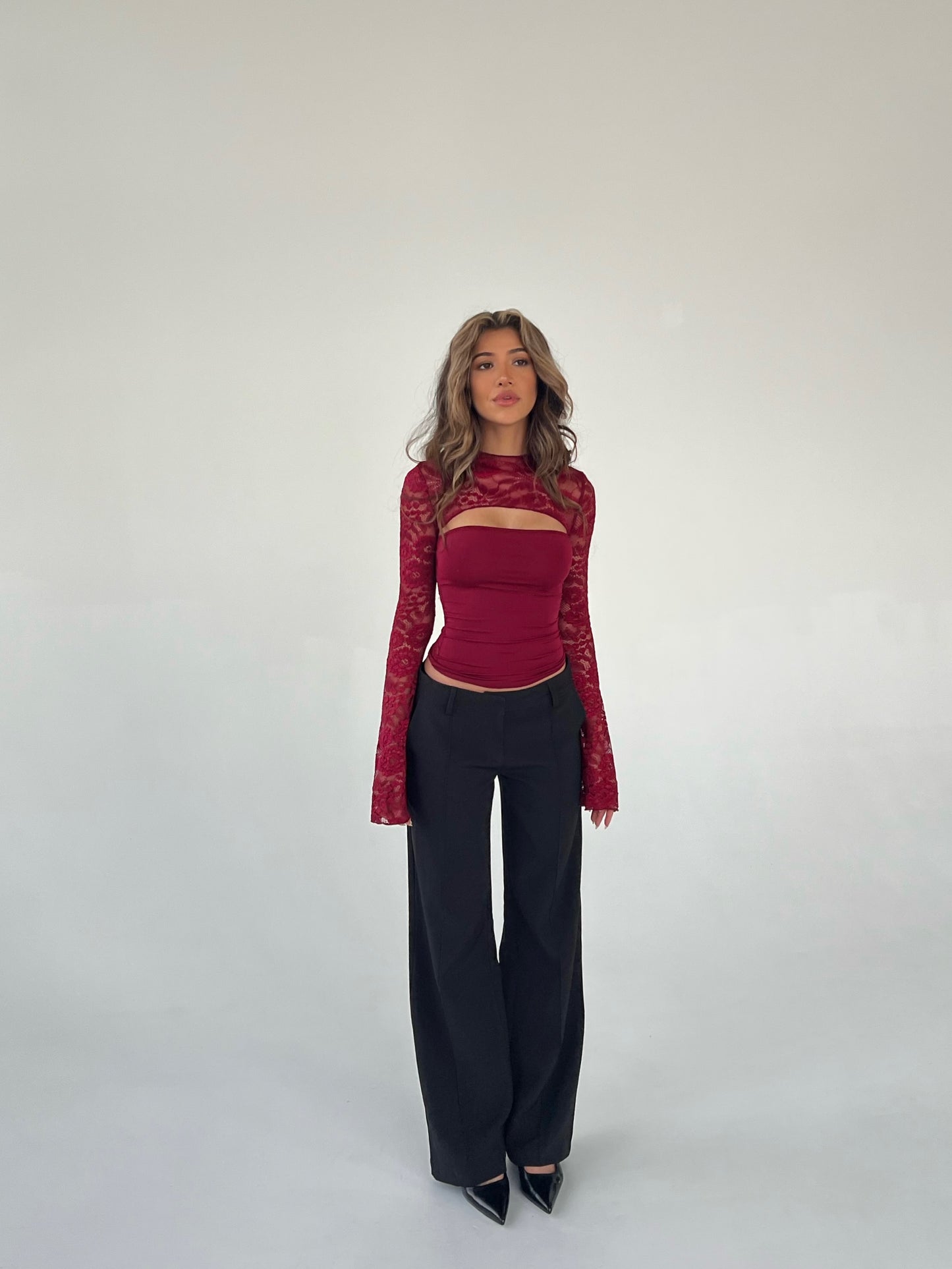 Lara lace long sleeve top - mørkerød