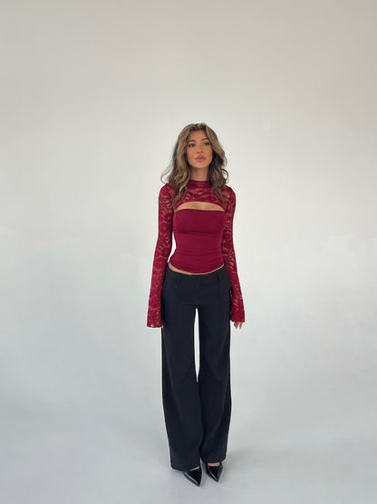 Lara lace long sleeve top - mørkerød