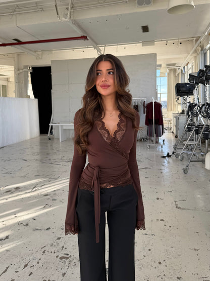 New ballerina basic lace top - mørk brun