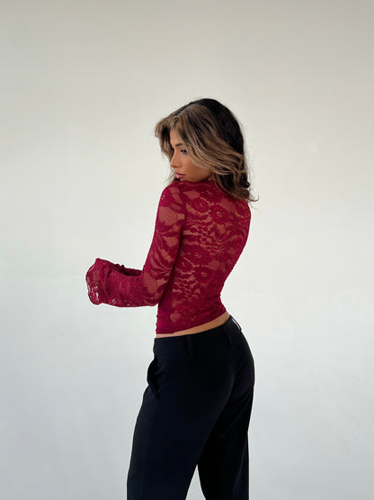 Lara lace long sleeve top - mørkerød