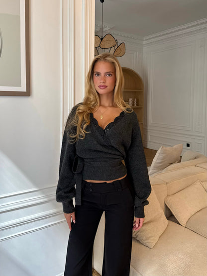 Wool Crochet Wrap Cardigan – Mørkegrå