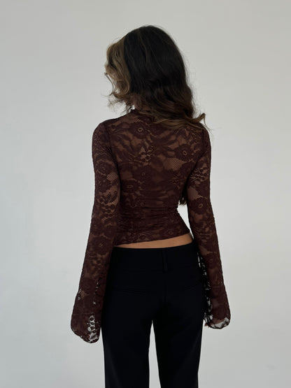 Lara lace long sleeve top - mørk brun