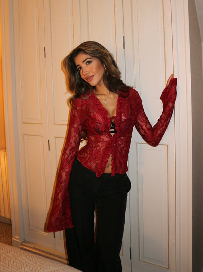 Trim lace top  - mørkerød