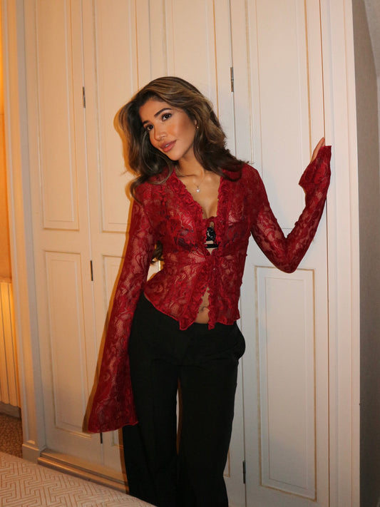 Trim lace top  - mørkerød